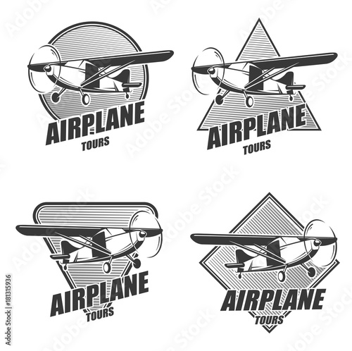 Monochrome aircraft logos set for airplane tours. In vintage style, isolated vector.