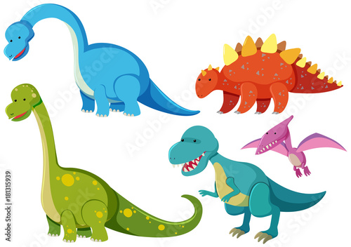 Five types of dinosaurs on white background