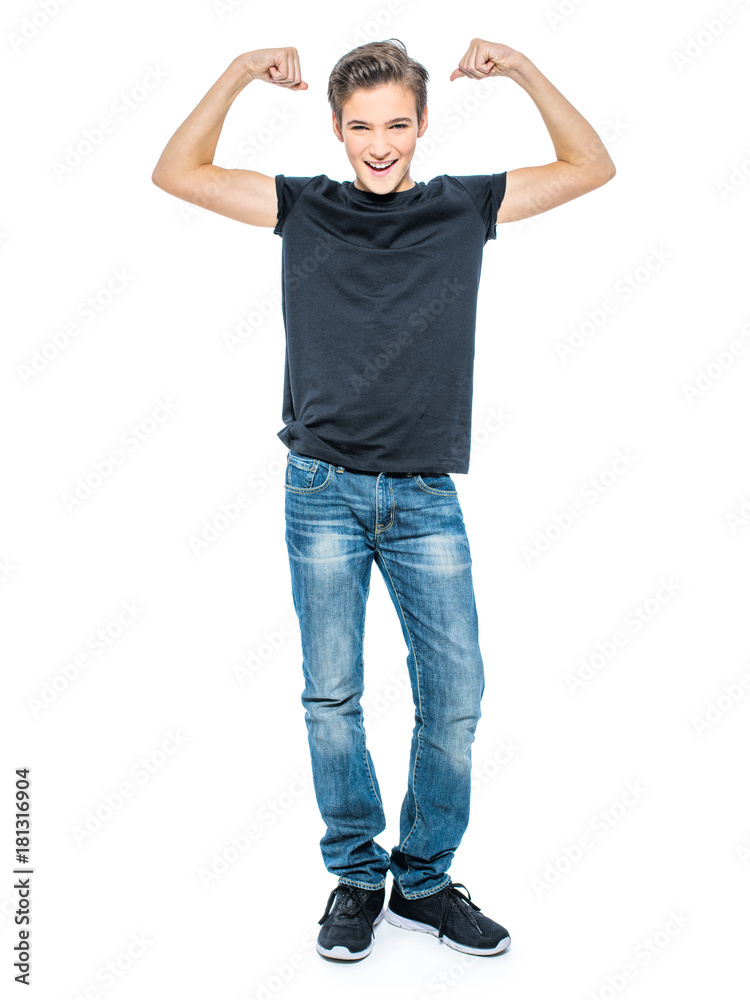 handsome teenage young boy shows biceps handsome teenage young boy shows biceps