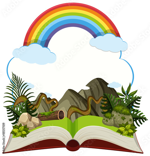 Storybook with mountain and rainbow