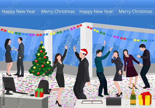 A party .Dancing men and women in the office