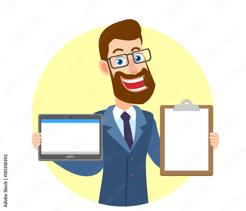 Hipster Businessman holding tablet PC and showing clipboard Hipster Businessman holding tablet PC and showing clipboard