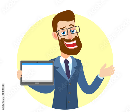 Hipster Businessman holding tablet PC and gesticulating