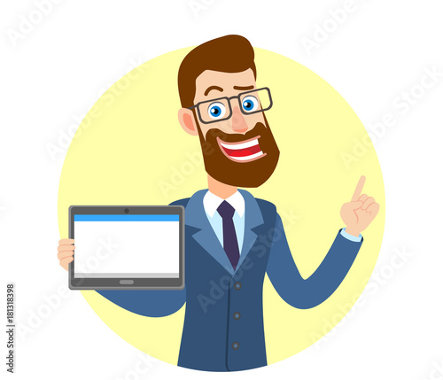 Hipster Businessman holding tablet PC and pointing; up