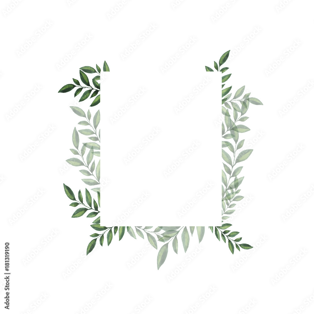 Obraz premium Green leaves and branches frame. Design for greeting card or wedding invitation. Hand drawn watercolor vector illustration.