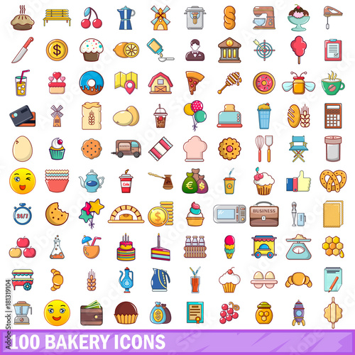 100 bakery icons set, cartoon style 