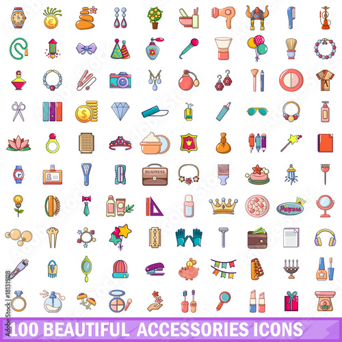 100 beautiful accessories icons set, cartoon style 