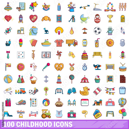 100 childhood icons set, cartoon style 