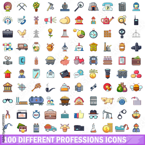 100 different professions icons set, cartoon style 