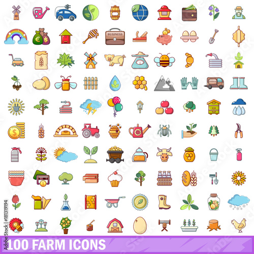 100 farm icons set, cartoon style 