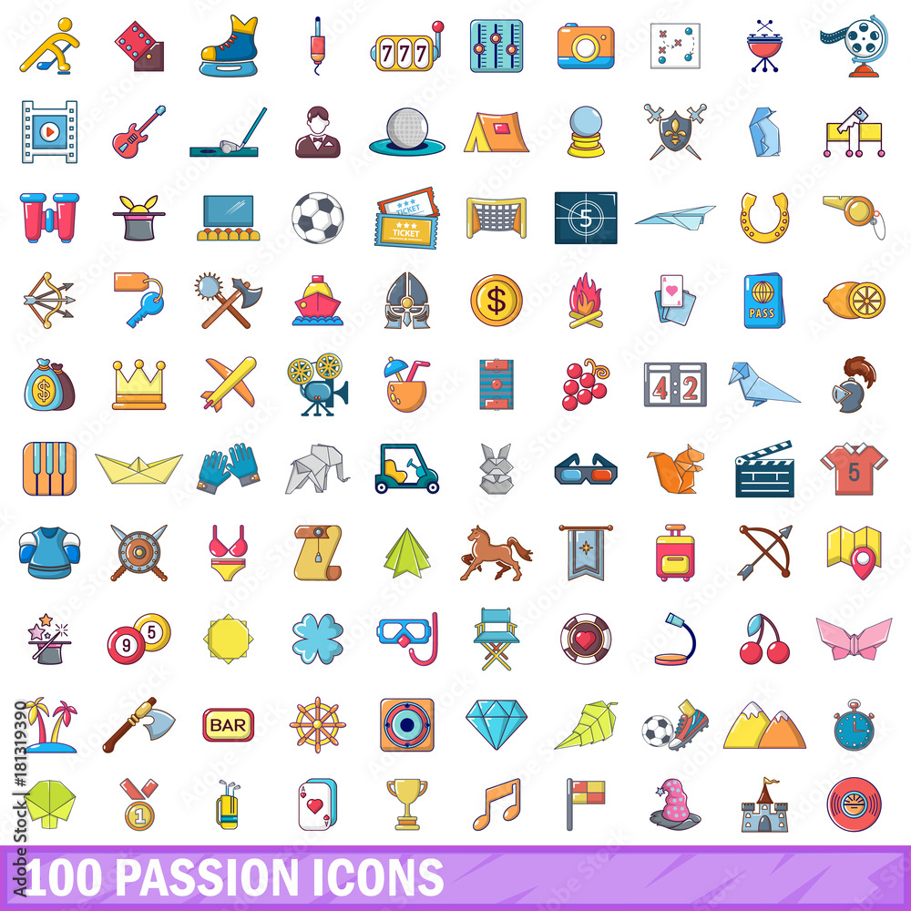 100 passion icons set, cartoon style 100 passion icons set, cartoon style