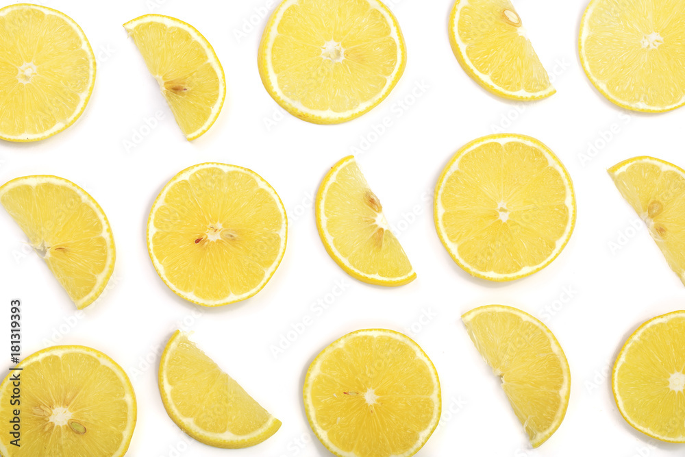 Slices lemon isolated on white background. Flat lay, top view