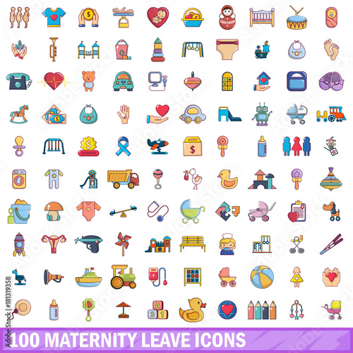 100 maternity leave icons set, cartoon style 