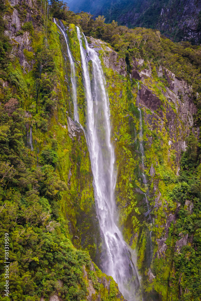 Stirling Falls seen from on board of a cruise ship. Milford Sound, New Zealand
