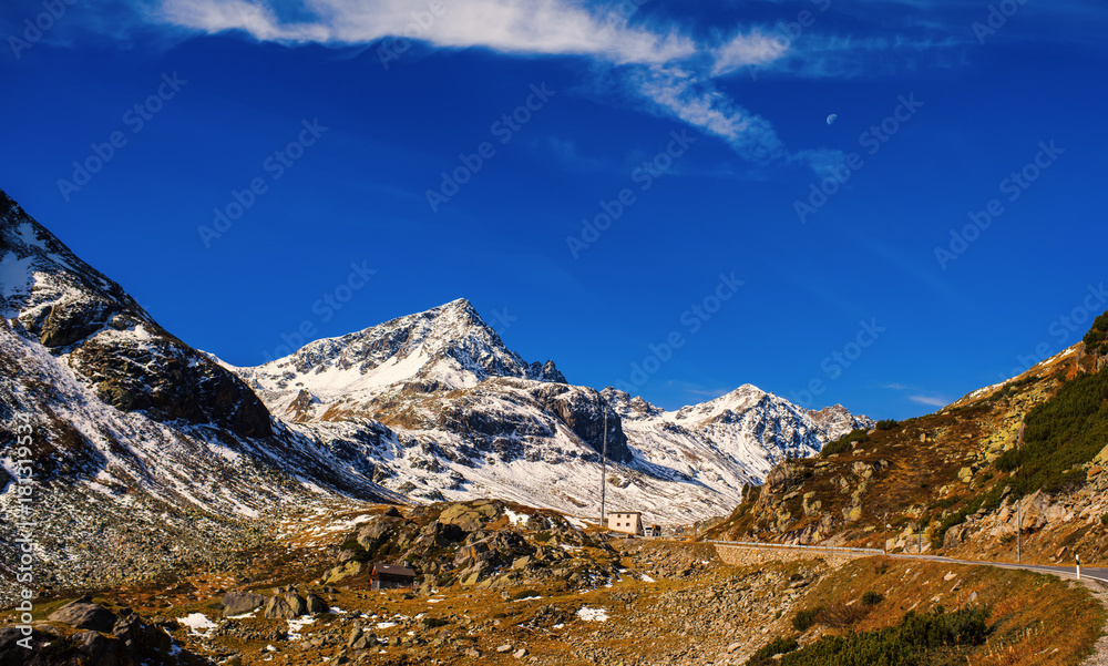Landscape of the Swiss Alps and forest of national parc in Switzerland. Alps of Switzerland on autumn. Fluela pass road. . Swiss canton of Graubunden. Val Müstair Region Landscape of the Swiss Alps and forest of national parc in Switzerland. Alps of Switzerland on autumn. Fluela pass road. . Swiss canton of Graubunden. Val Müstair Region
