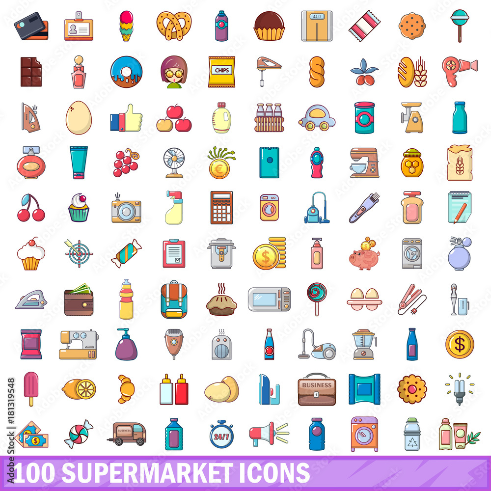 100 supermarket icons set, cartoon style 