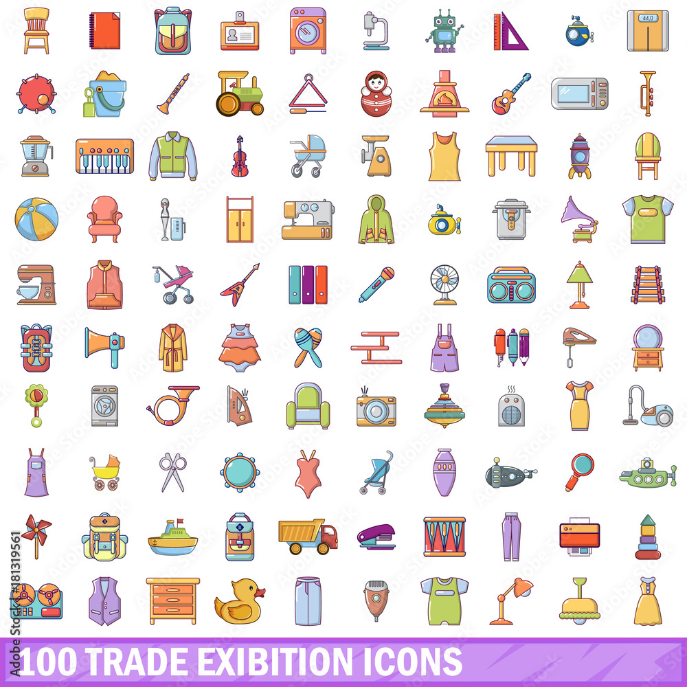 100 trade exhibition icons set, cartoon style 100 trade exhibition icons set, cartoon style