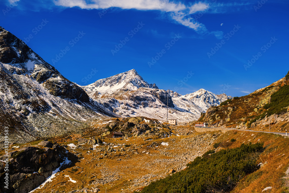 Landscape of the Swiss Alps and forest of national parc in Switzerland. Alps of Switzerland on autumn. Fluela pass road. . Swiss canton of Graubunden. Val Müstair Region Landscape of the Swiss Alps and forest of national parc in Switzerland. Alps of Switzerland on autumn. Fluela pass road. . Swiss canton of Graubunden. Val Müstair Region