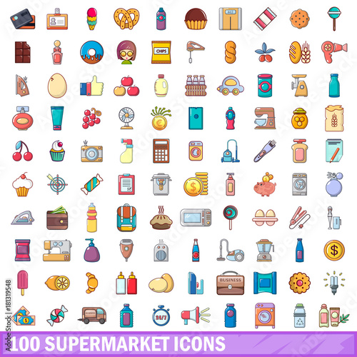 100 supermarket icons set, cartoon style 