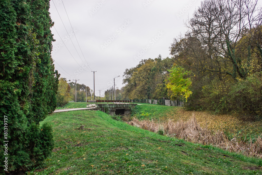 custom made wallpaper toronto digitalautumn, autumn landscape, trees with green and yellow leaves, old bridge, stone old bridge
