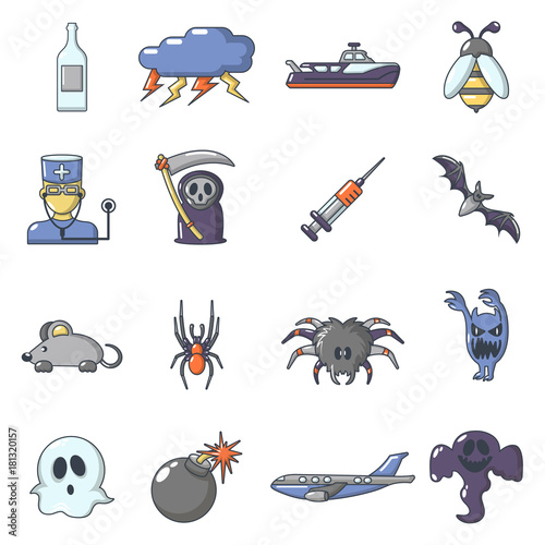 Fears phobias icons set, cartoon style