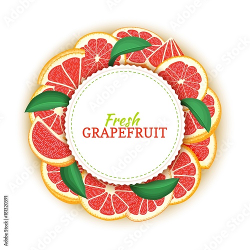 Round colored frame composed of tropical red grapefruit. Vector card illustration. Circle citrus pomelo citrus fruit frame for design of food packaging juice breakfast, cosmetics, tea, detox diet