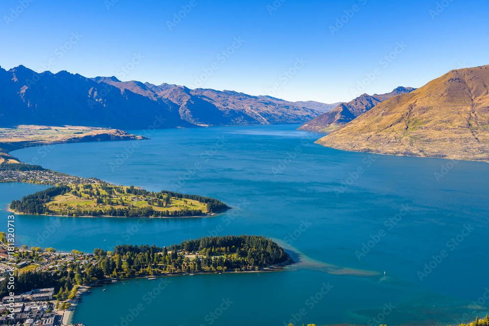 Ben Lomond Scenic reserve, Queenstown, New Zealand.  A beautiful sunny day with clear blue sky in the resort town on lake Wakatipu