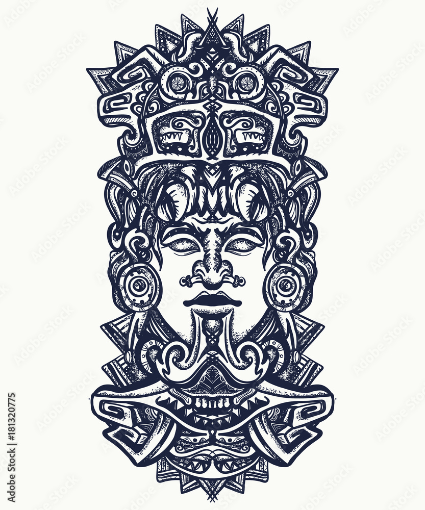 Ancient aztec totem, Mexican god. Ancient Mayan civilization. Indian mayan carved in stone tattoo art. Mayan tattoo and t-shirt design Stock Vector