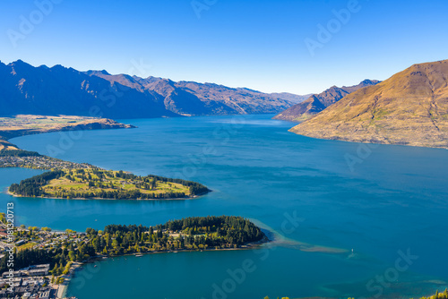 Ben Lomond Scenic reserve, Queenstown, New Zealand. A beautiful sunny day with clear blue sky in the resort town on lake Wakatipu