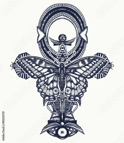 Ankh and butterfly tattoo and t-shirt design, ancient egyptian cross t-shirt design. Decorative ethnic style of Ancient Egypt. Ankh symbol of eternal life tattoo, key to immortality