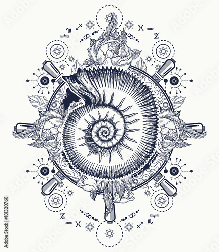 Sea wave storm and ancient ammonites tattoo and t-shirt design. Ocean wave art. Sea tattoo. Symbol of a storm and calm, silence and noise. Alchemy, medieval religion, occultism tattoo