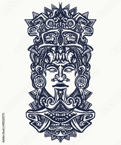 Ancient aztec totem, Mexican god. Ancient Mayan civilization. Indian mayan carved in stone tattoo art. Mayan tattoo and t-shirt design photo