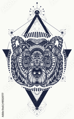 Bear sacred geometry tattoo and t-shirt design. Northern grizzly bear, symbol of force, wild nature, outdoors. Ornamental celtic bear head tattoo