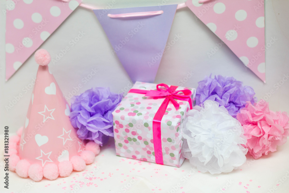Present and decorations for surprise birthday party of little girl Present and decorations for surprise birthday party of little girl