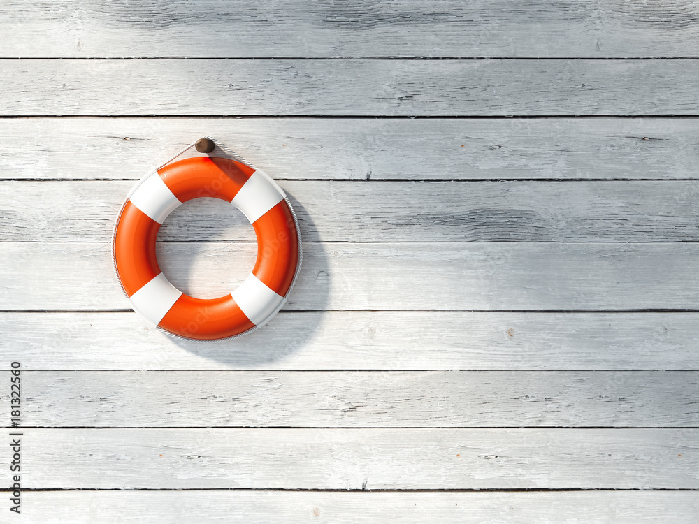 Naklejka premium Red lifebuoy on a white wall. 3d rendering