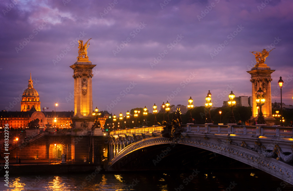 famouse Alexandre III Bridge at violet night, Paris, France, retro toned