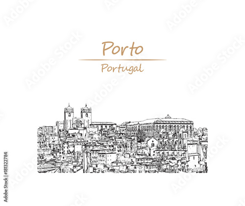 Hand drawn sketch of A view over old town of Porto, Portugal in vector illustration.
