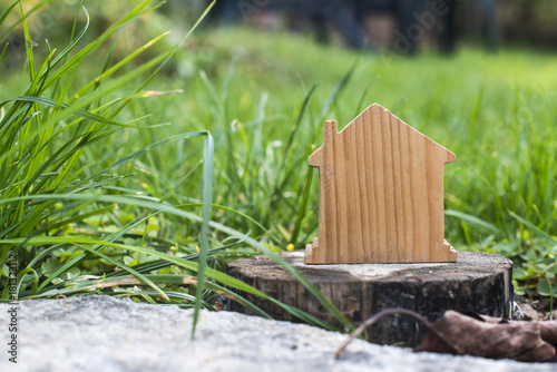 Small wooden house in garden grass