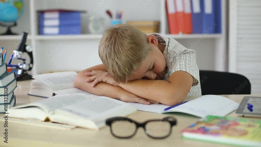 boy is sleeping at the Desk on textbooks and notebooks boy is sleeping at the Desk on textbooks and notebooks