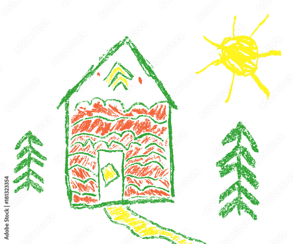 House, sun, fir-tree wax crayon like child`s hand drawn. Pastel chalk or pencil like kid`s hand painting cute funny art spring and summer country village style. Vector background banner.