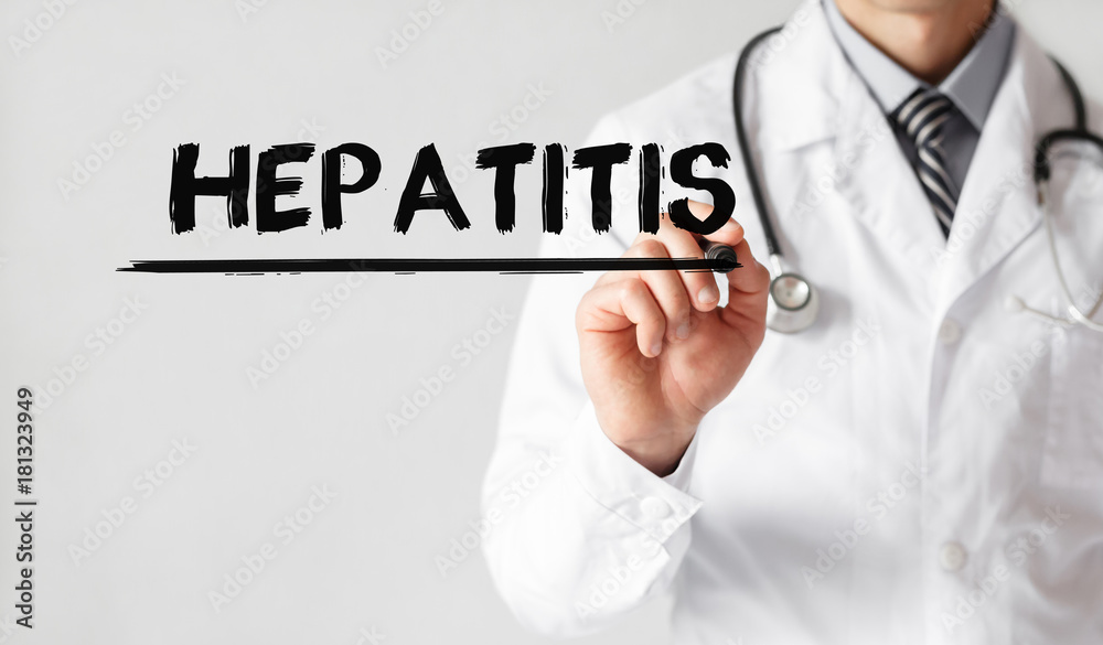 Doctor writing word Hepatitis with marker, Medical concept - obrazy, fototapety, plakaty 