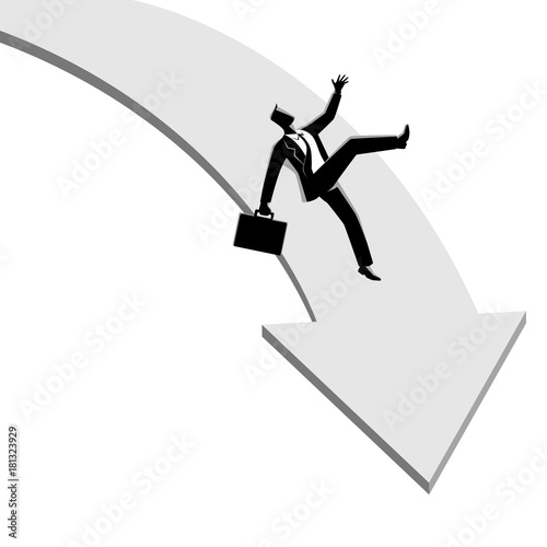 Businessman falling down from arrow graphic