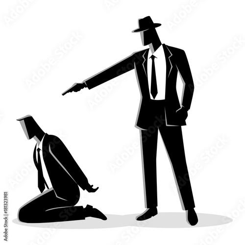 Man aiming a gun to the kneeling man's head