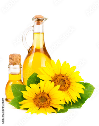 Sunflower oil and flower isolated on white background