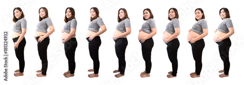 Asian woman in pregnancy stages isolated on white background, Changes in a woman body in pregnancy from first month to nine month