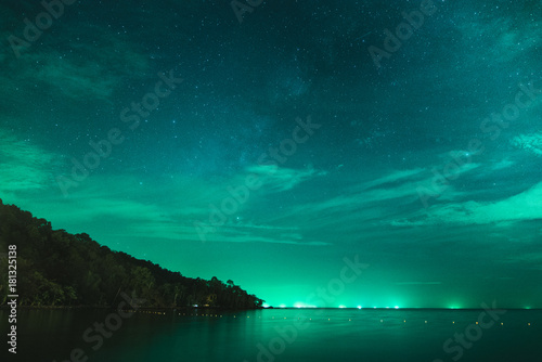Milky Way and Colorful Clouds over the Ocean and Mountain Side on Koh Chang Island