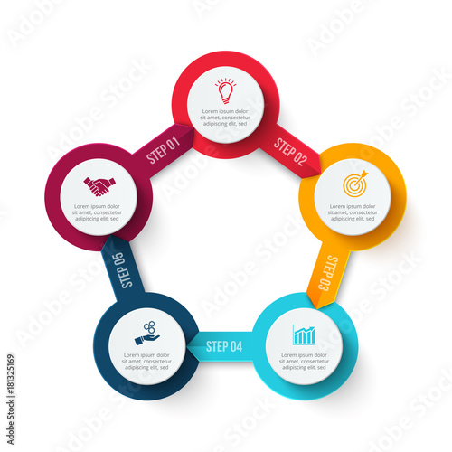 Vector circle element for infographic. Template for cycle diagram, graph, presentation and round chart. Business concept with 5 options, parts, steps or processes. Abstract background.