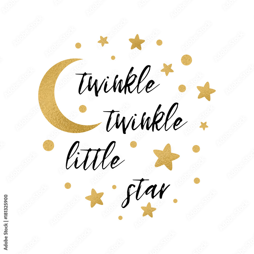 Obraz premium Twinkle twinkle little star text with gold star and moon for girl baby shower card template