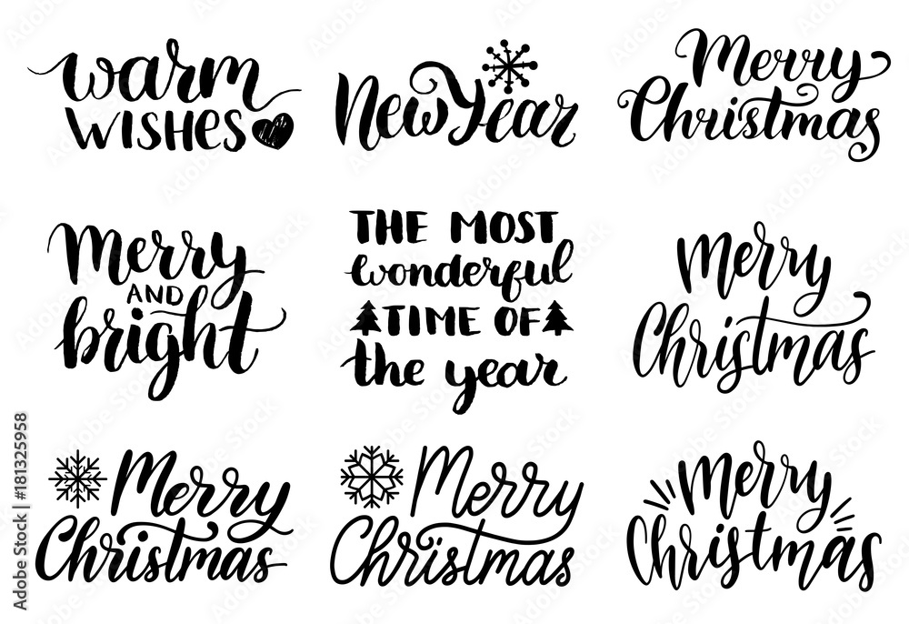 Vector handwritten Christmas and New Year calligraphy set of Merry and Bright, Warm Wishes etc.