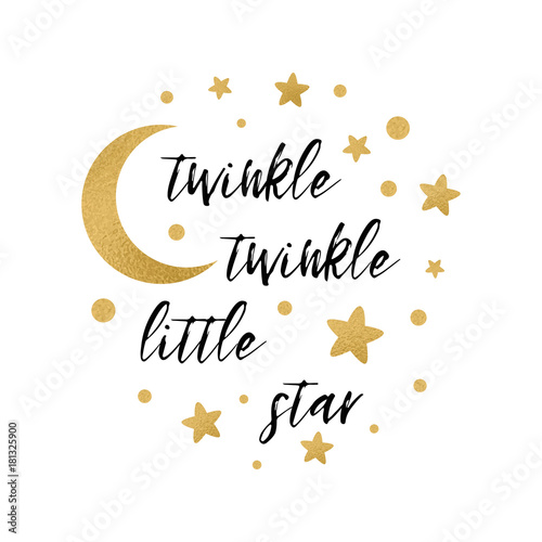 Twinkle twinkle little star text with gold star and moon for girl baby shower card template